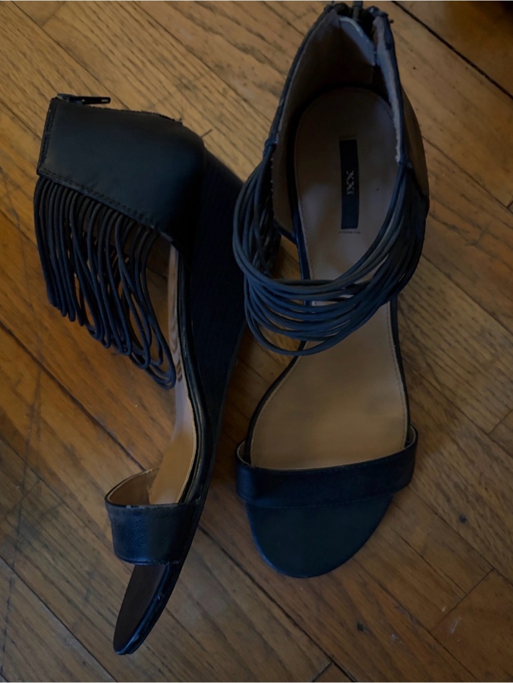 Fringed Black Ankle-Strap Sandals